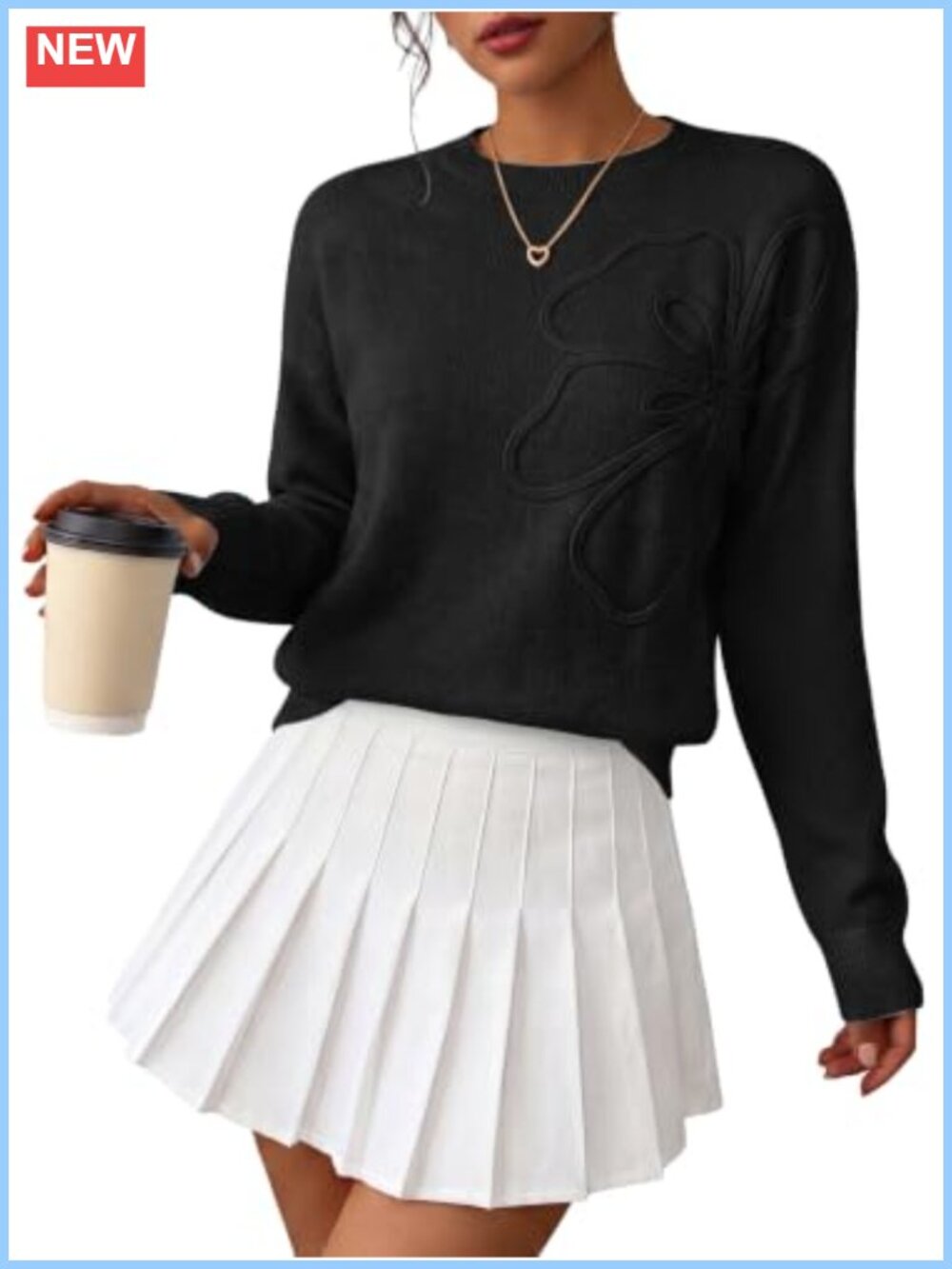 Loose Fit 3D Floral Applique Crew Neck Pullover Sweater